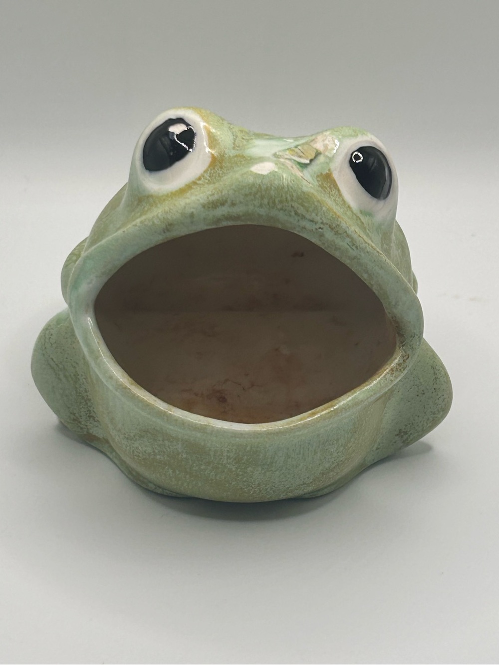 Vintage Ceramic Frog Catchall | Avocado Green Glaze, Hand-Painted Eyes (KB78)